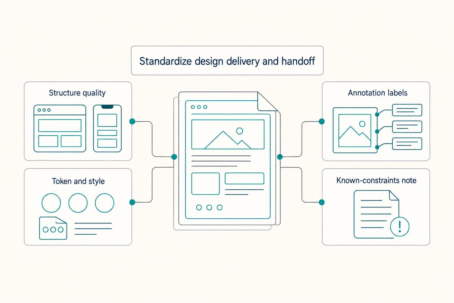 Standardize design delivery and handoff: Structure quality, Token and style, Annotation labels, and Known-constraints note.
