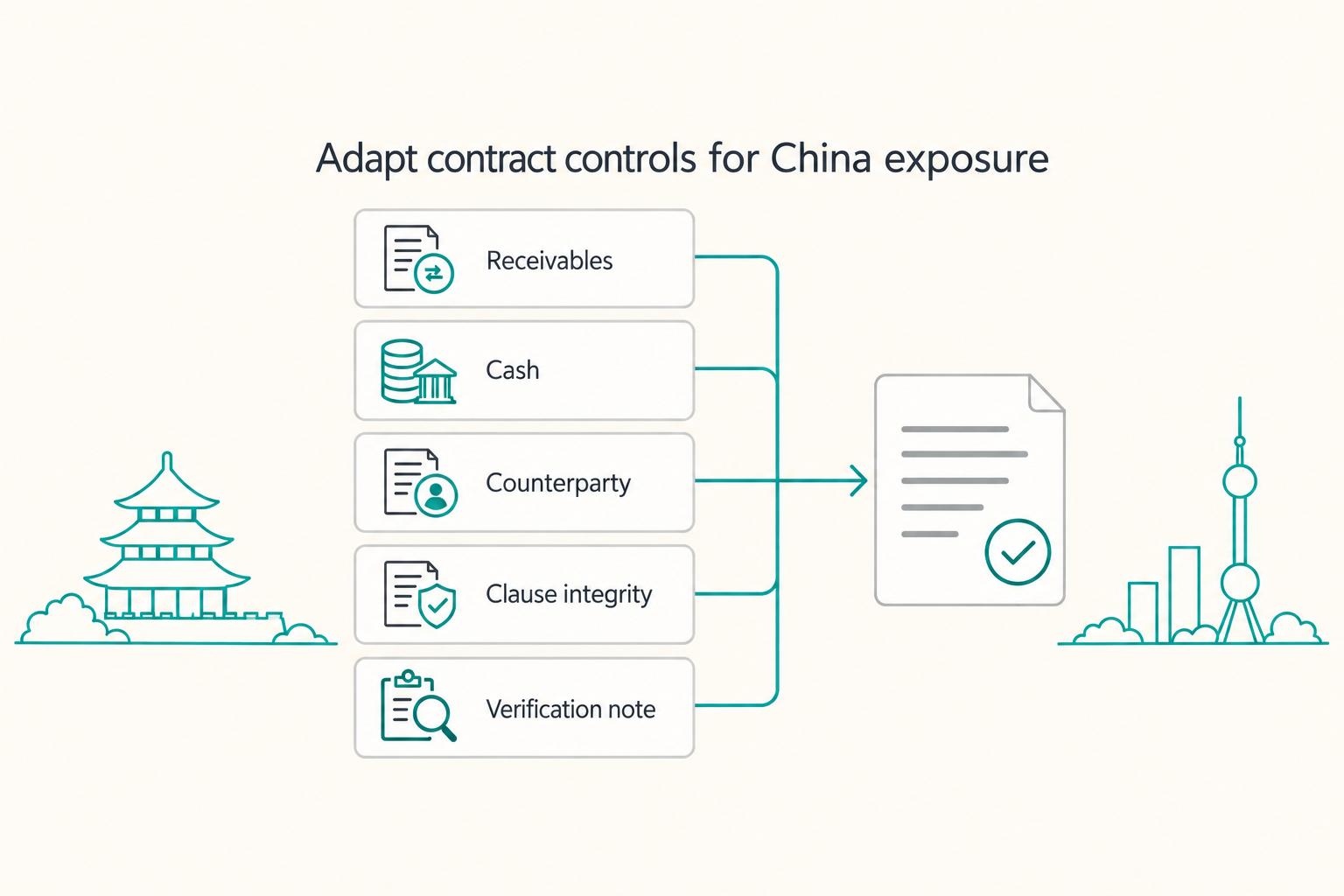 Adapt contract controls for China exposure: Receivables, Cash, Counterparty, Clause integrity, and Verification note.