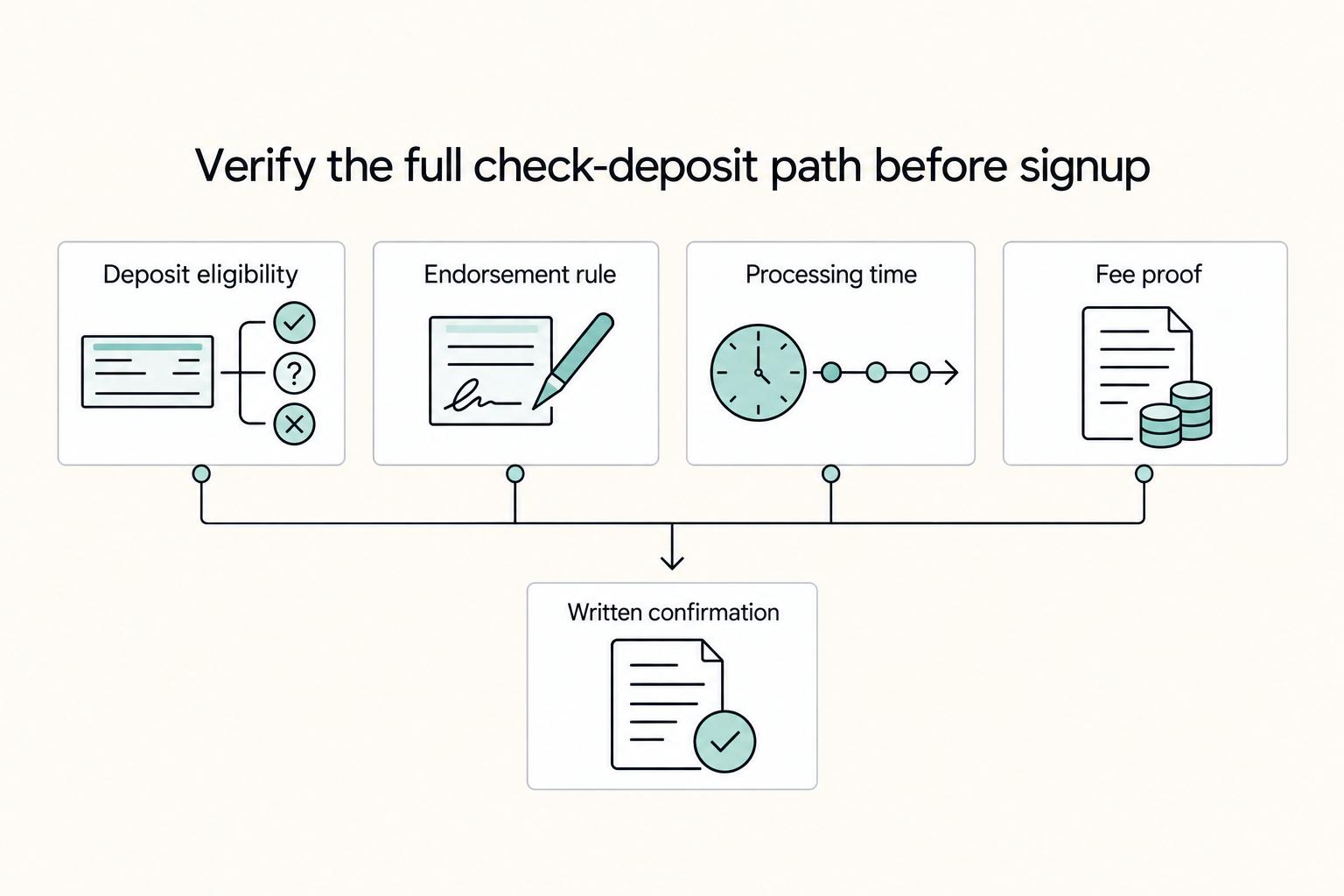 Verify the full check-deposit path before signup: Deposit eligibility, Endorsement rule, Processing time, Fee proof, and Written confirmation.