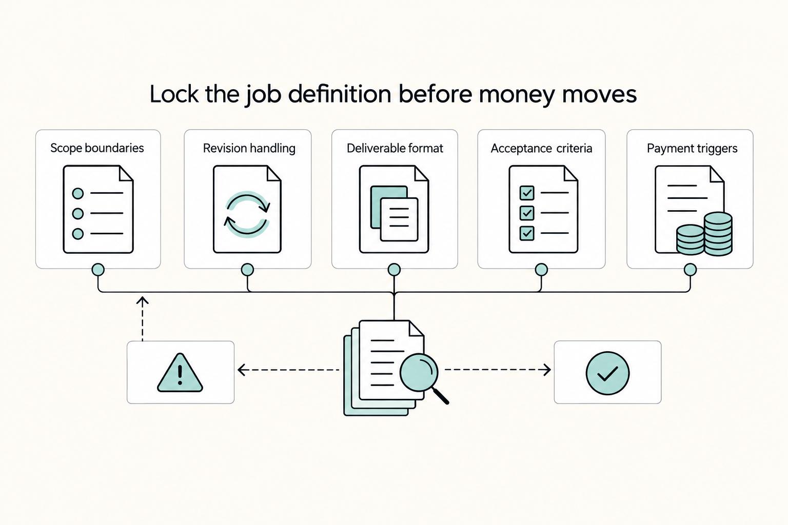 Lock the job definition before money moves: Scope boundaries, Revision handling, Deliverable format, Acceptance criteria, and Payment triggers.