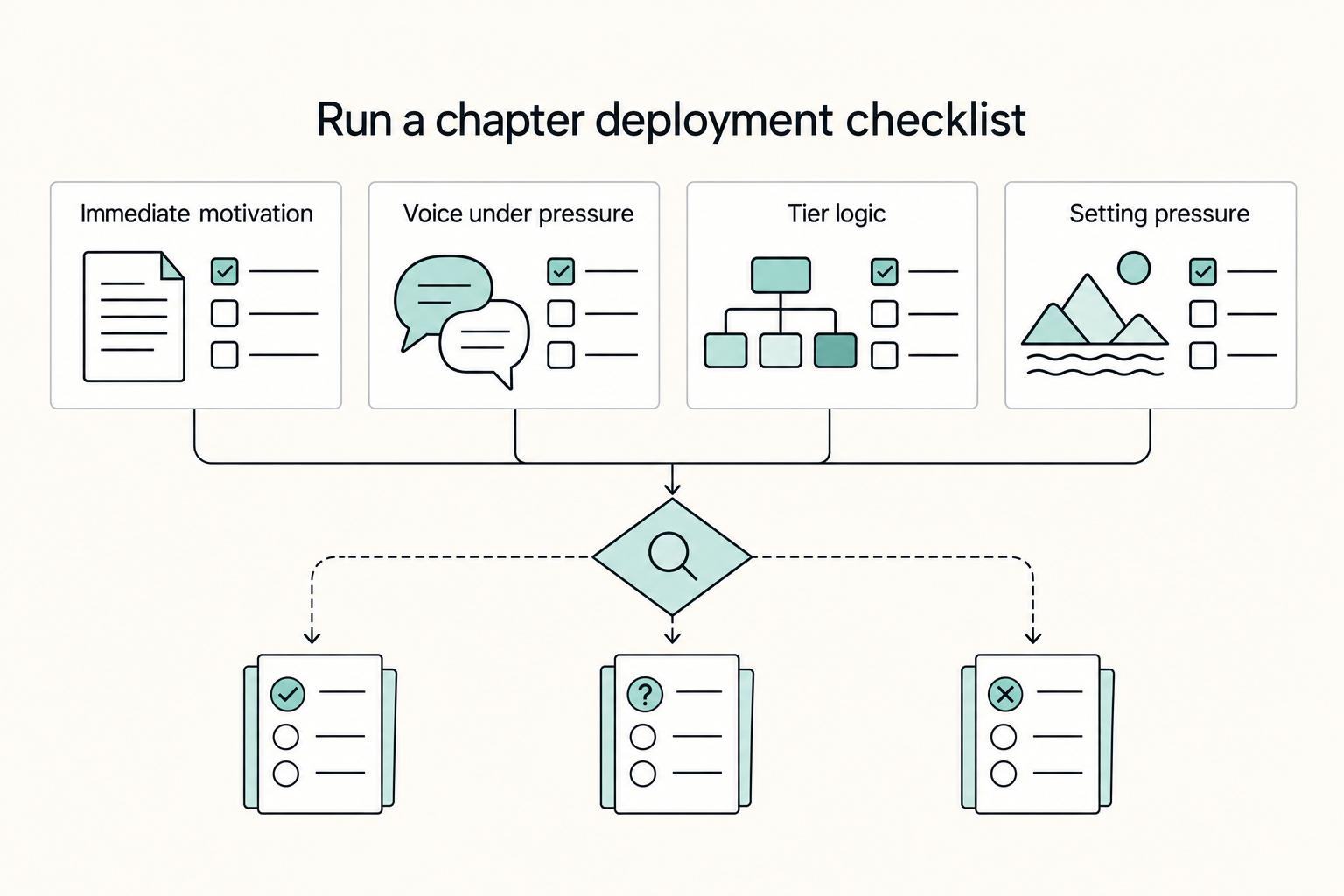 Run a chapter deployment checklist: Immediate motivation, Voice under pressure, Tier logic, and Setting pressure.