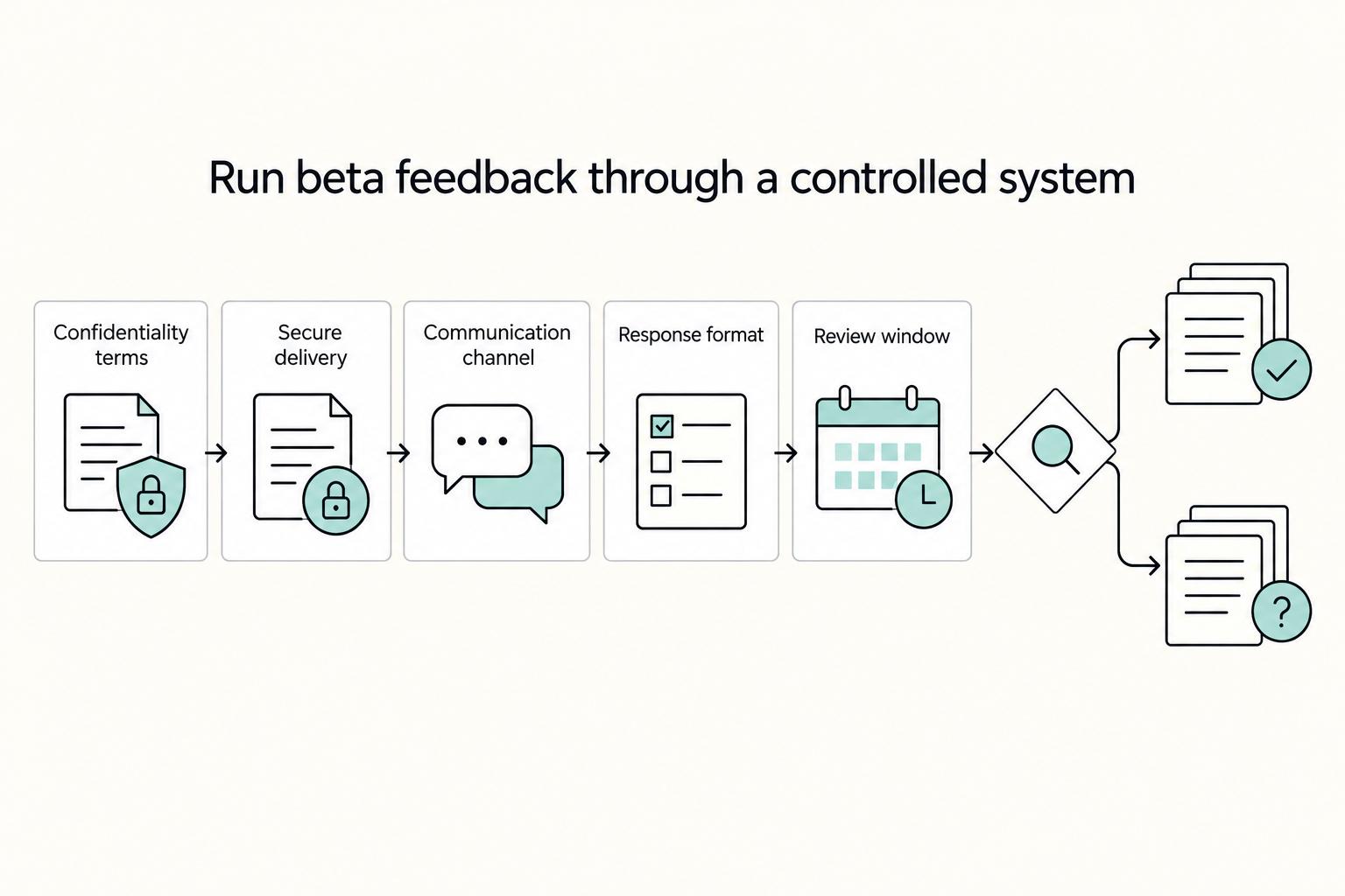 Controlled beta-feedback sequence: Confidentiality terms, Secure delivery, Communication channel, Response format, and Review window.