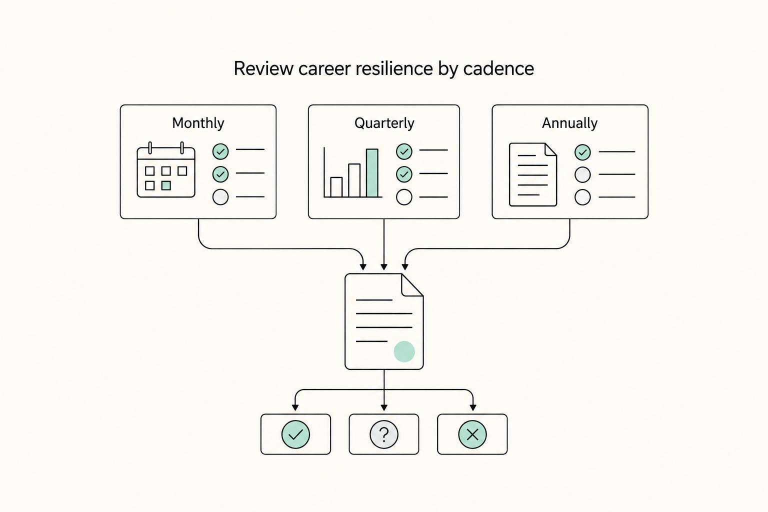 Review career resilience by cadence: Monthly, Quarterly, and Annually.