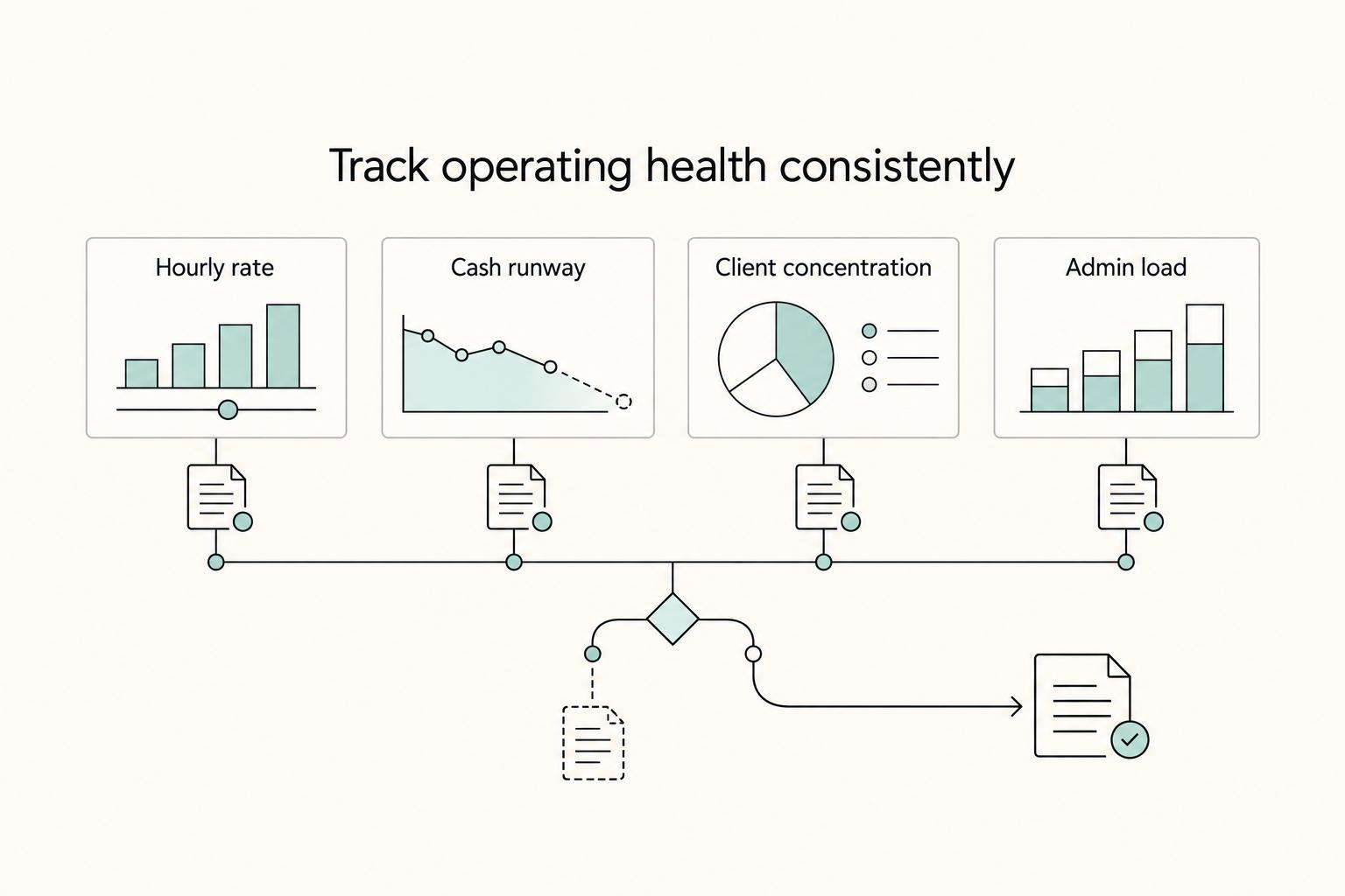 Track operating health consistently: Hourly rate, Cash runway, Client concentration, and Admin load.