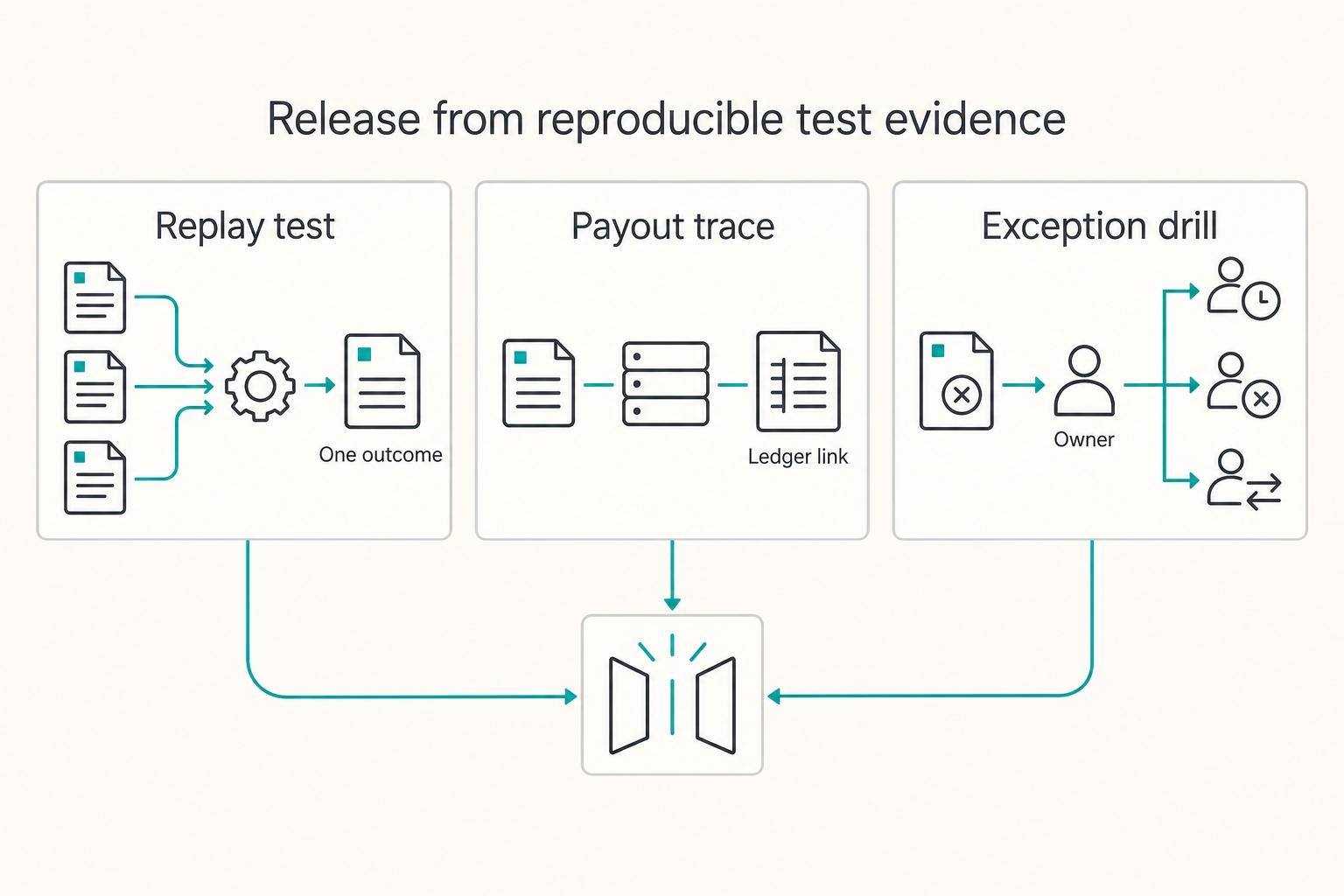 Release from reproducible test evidence: Replay test, Payout trace, and Exception drill.