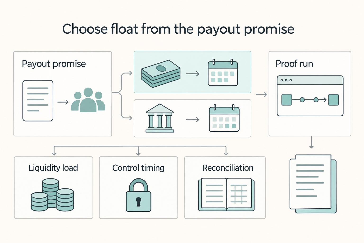 Choose float from the payout promise: Payout promise, Liquidity load, Control timing, Reconciliation, and Proof run.
