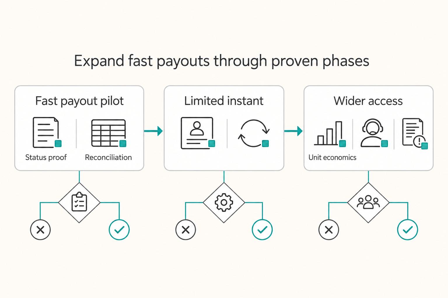 Expand fast payouts through proven phases: Fast payout pilot, Limited instant, and Wider access.