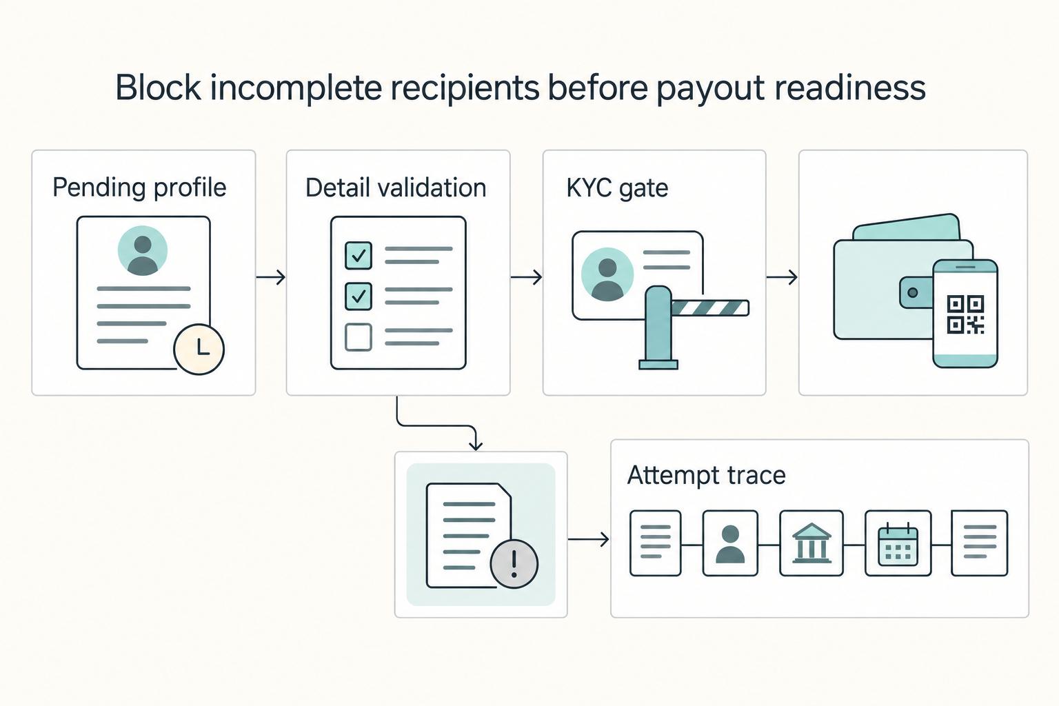 Block incomplete recipients before payout readiness: Pending profile, Detail validation, KYC gate, and Attempt trace.
