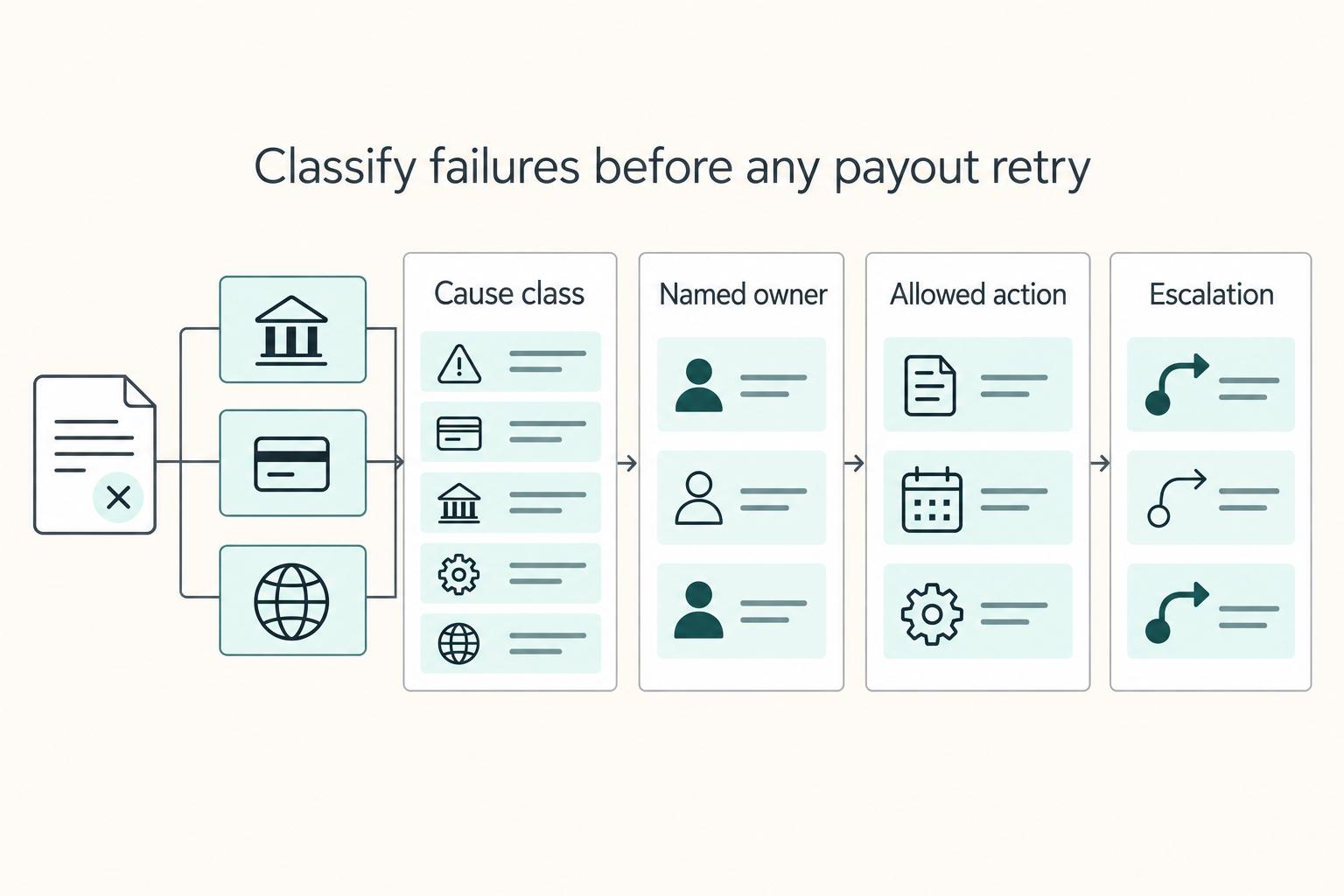 Classify failures before any payout retry: Cause class, Named owner, Allowed action, and Escalation.