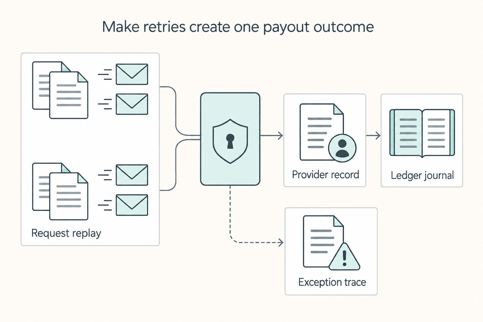 Make retries create one payout outcome: Request replay, Provider record, Ledger journal, and Exception trace.