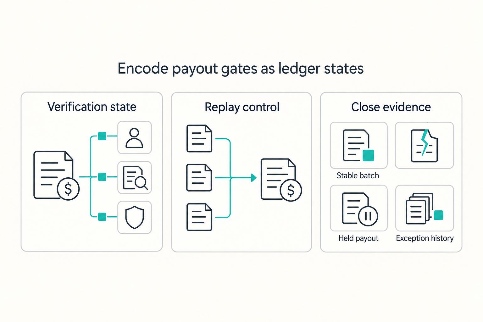 Encode payout gates as ledger states: Verification state, Replay control, and Close evidence.