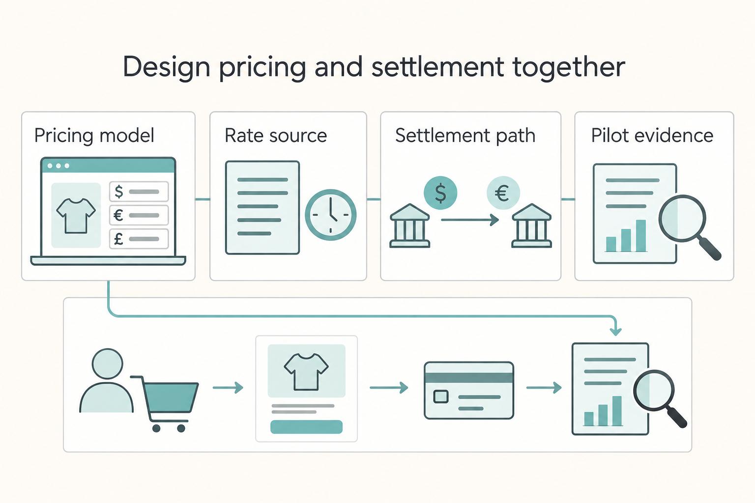 Design pricing and settlement together: Pricing model, Rate source, Settlement path, and Pilot evidence.
