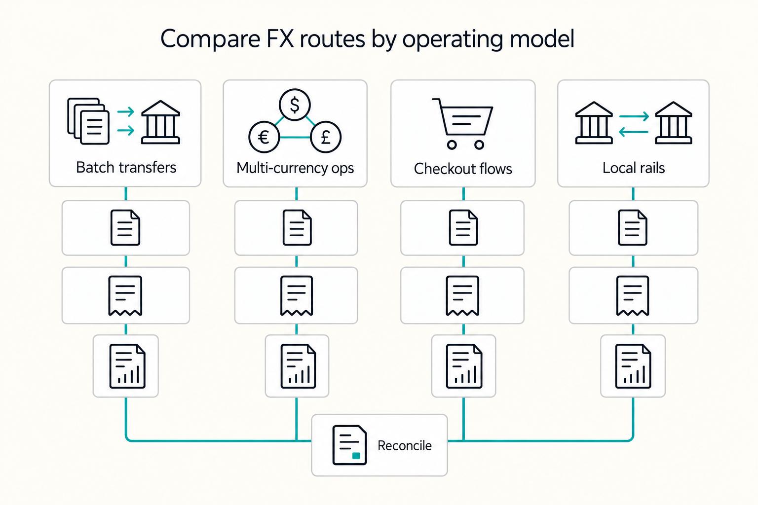 Compare FX routes by operating model: Batch transfers, Multi-currency ops, Checkout flows, and Local rails.