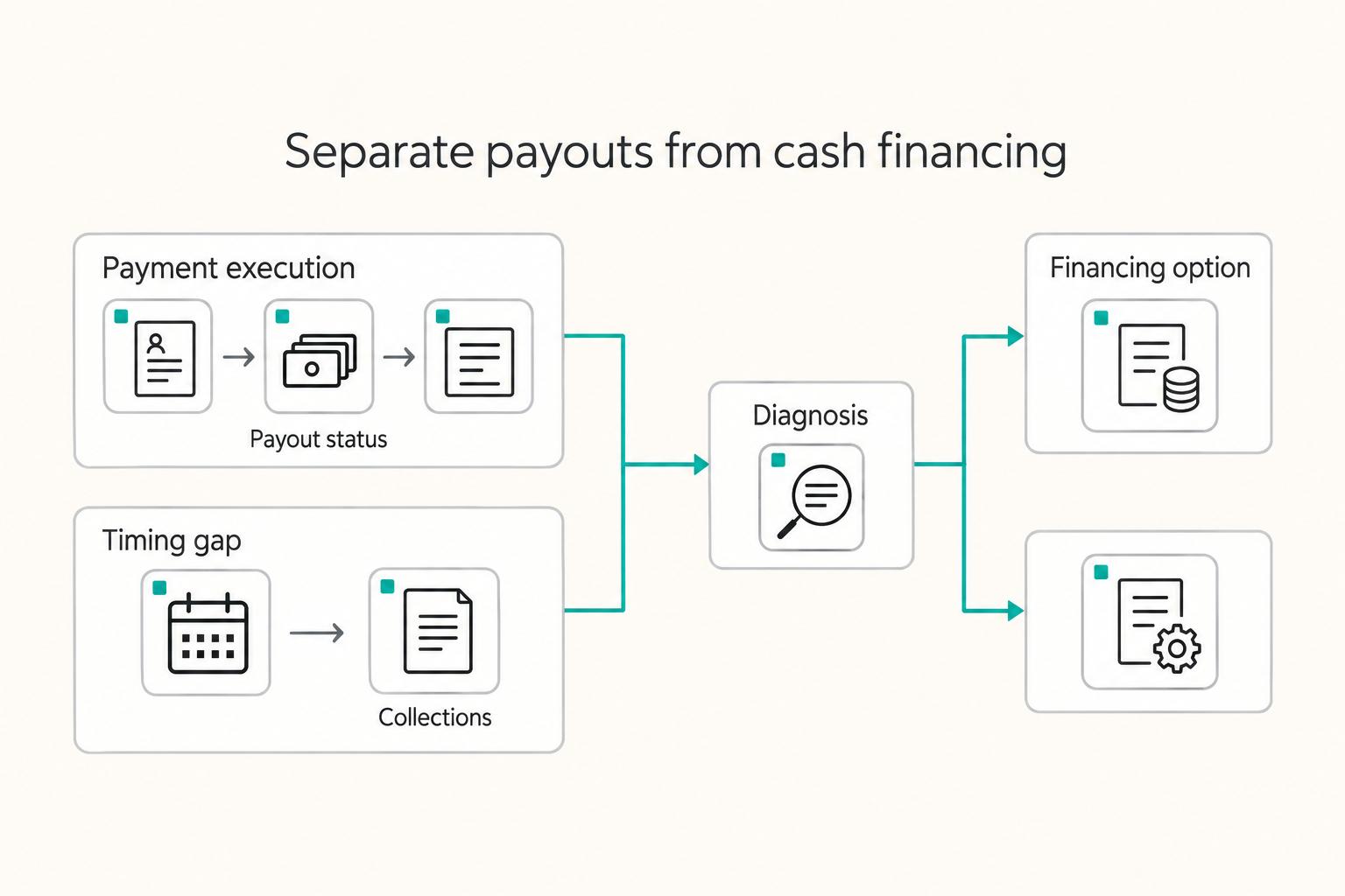 Separate payouts from cash financing: Payment execution, Timing gap, and Financing option.