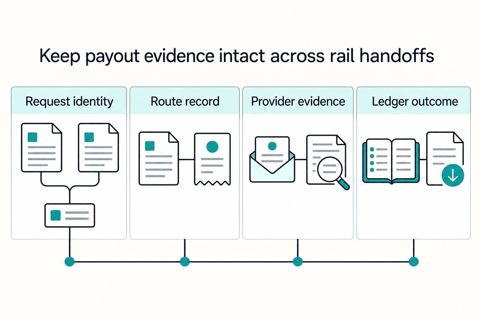 Keep payout evidence intact across rail handoffs: Request identity, Route record, Provider evidence, Ledger outcome.