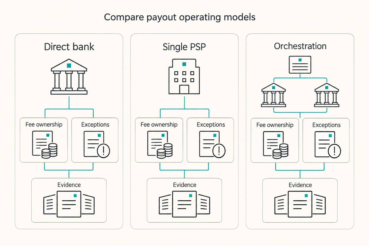 Compare payout operating models: Direct bank, Single PSP, and Orchestration.