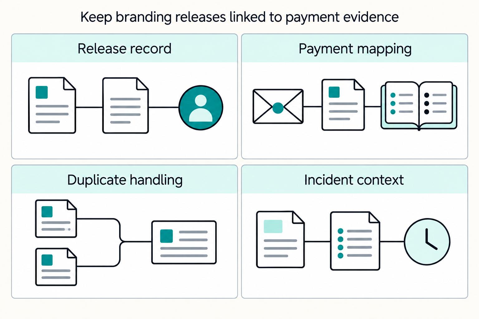 Connect a branding release record with payment mapping, duplicate handling, and incident context.