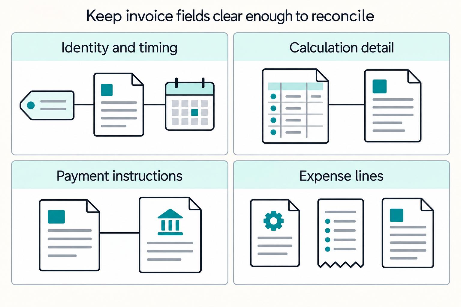 Keep invoice fields clear enough to reconcile: Identity and timing, Calculation detail, Payment instructions, Expense lines.