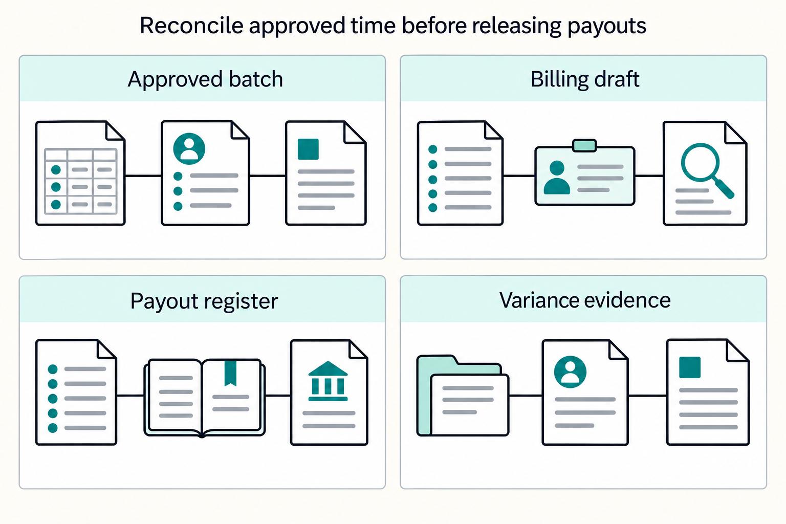 Reconcile approved time before releasing payouts: Approved batch, Billing draft, Payout register, Variance evidence.