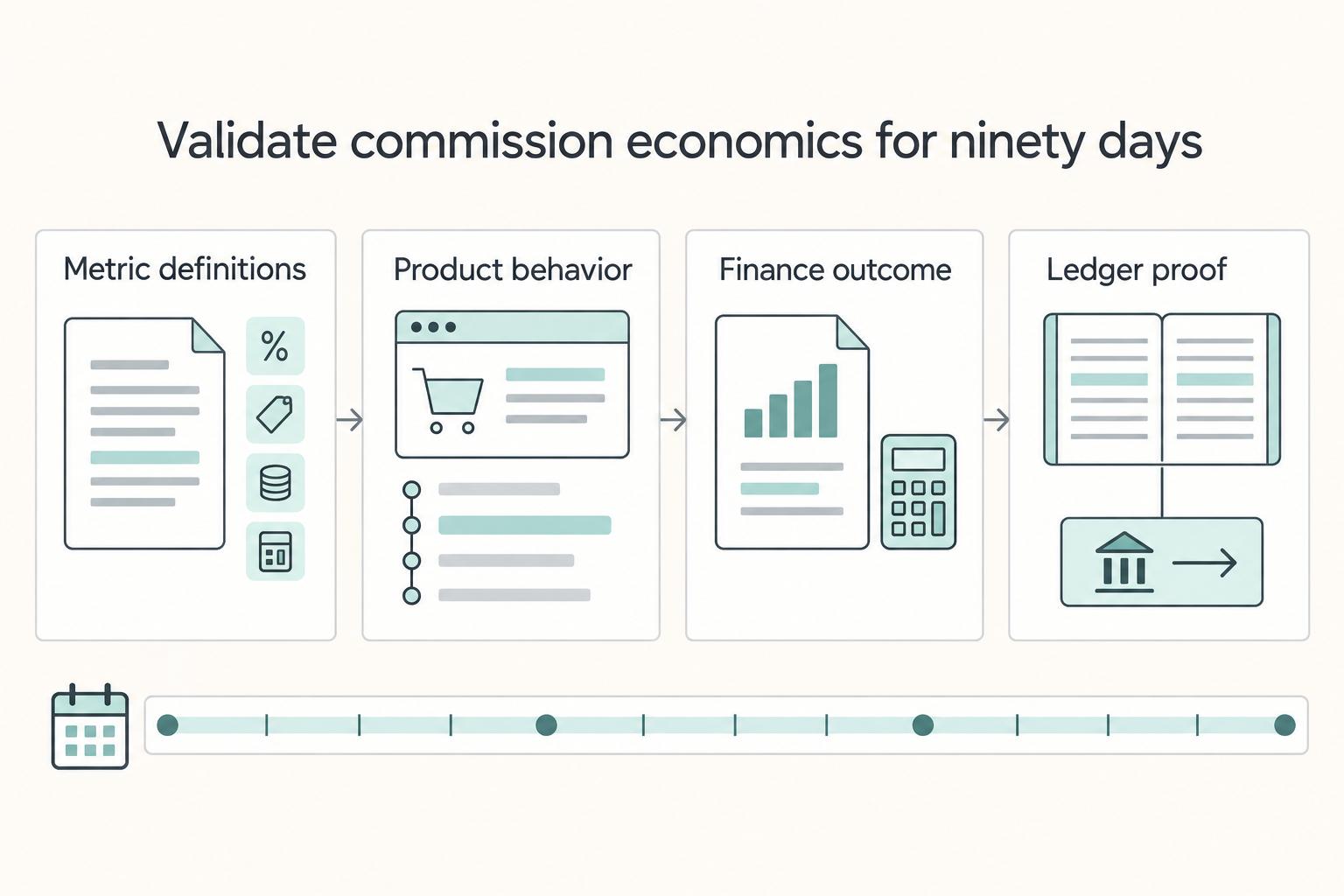 Validate commission economics for ninety days: Metric definitions, Product behavior, Finance outcome, and Ledger proof.