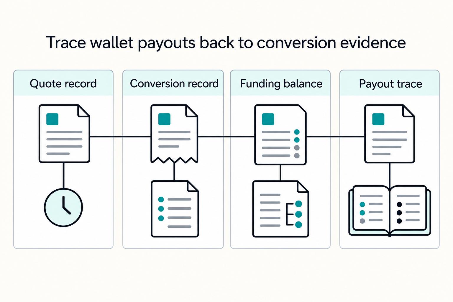 Trace wallet payouts back to conversion evidence: Quote record, Conversion record, Funding balance, Payout trace.