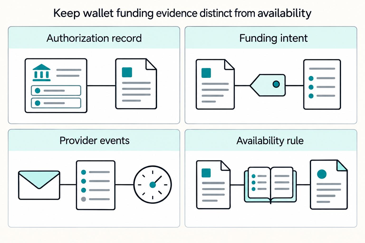 Keep wallet funding evidence distinct from availability: Authorization record, Funding intent, Provider events, Availability rule.