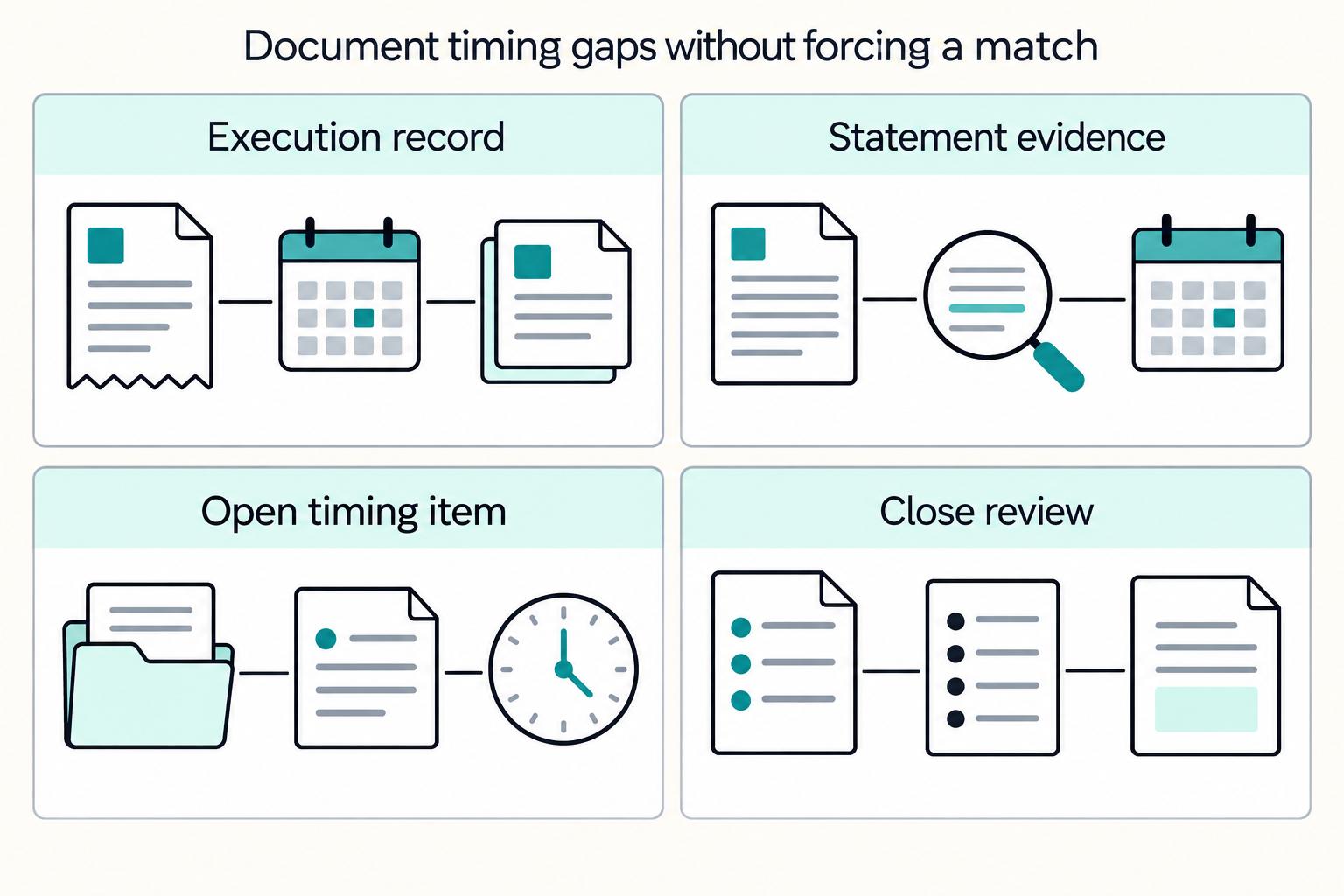 Document timing gaps without forcing a match: Execution record, Statement evidence, Open timing item, Close review.
