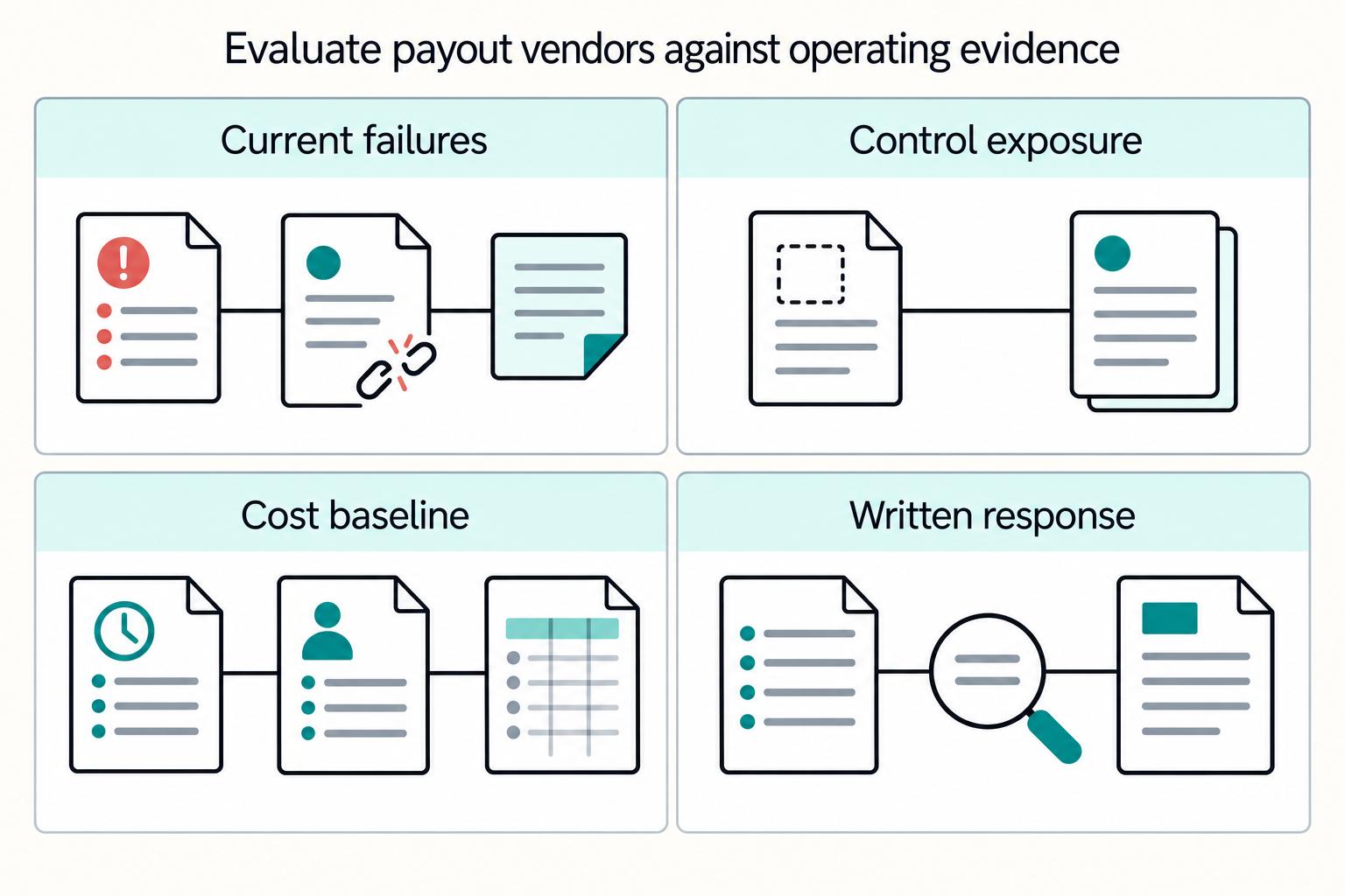 Evaluate payout vendors against operating evidence: Current failures, Control exposure, Cost baseline, Written response.