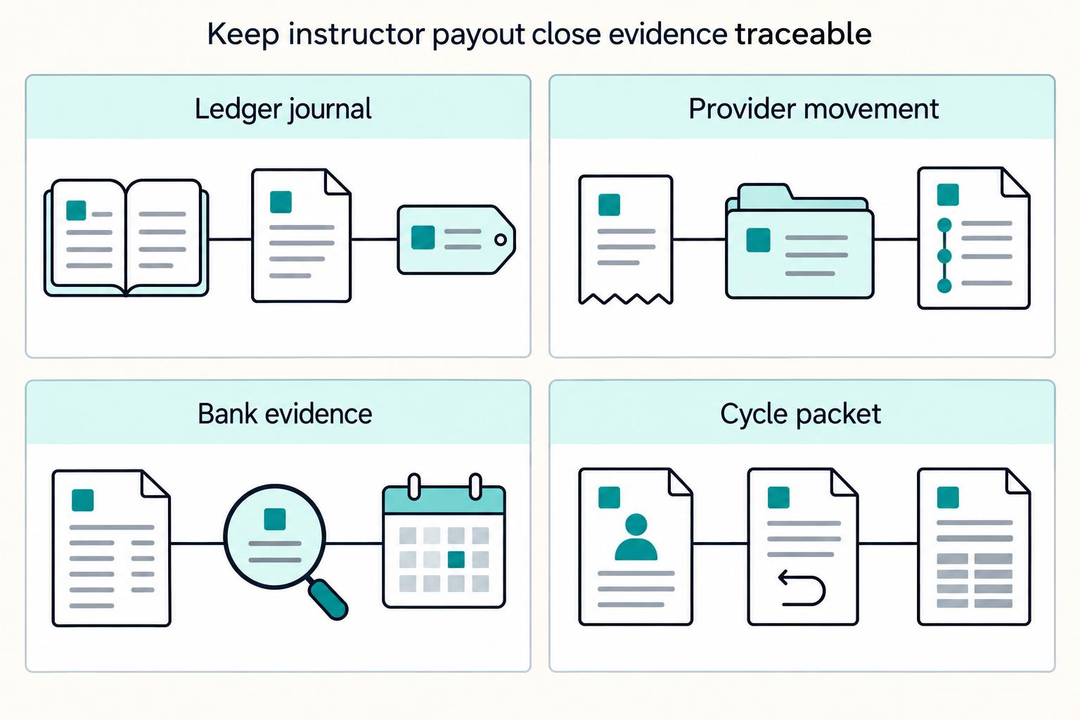 Keep instructor payout close evidence traceable: Ledger journal, Provider movement, Bank evidence, Cycle packet.