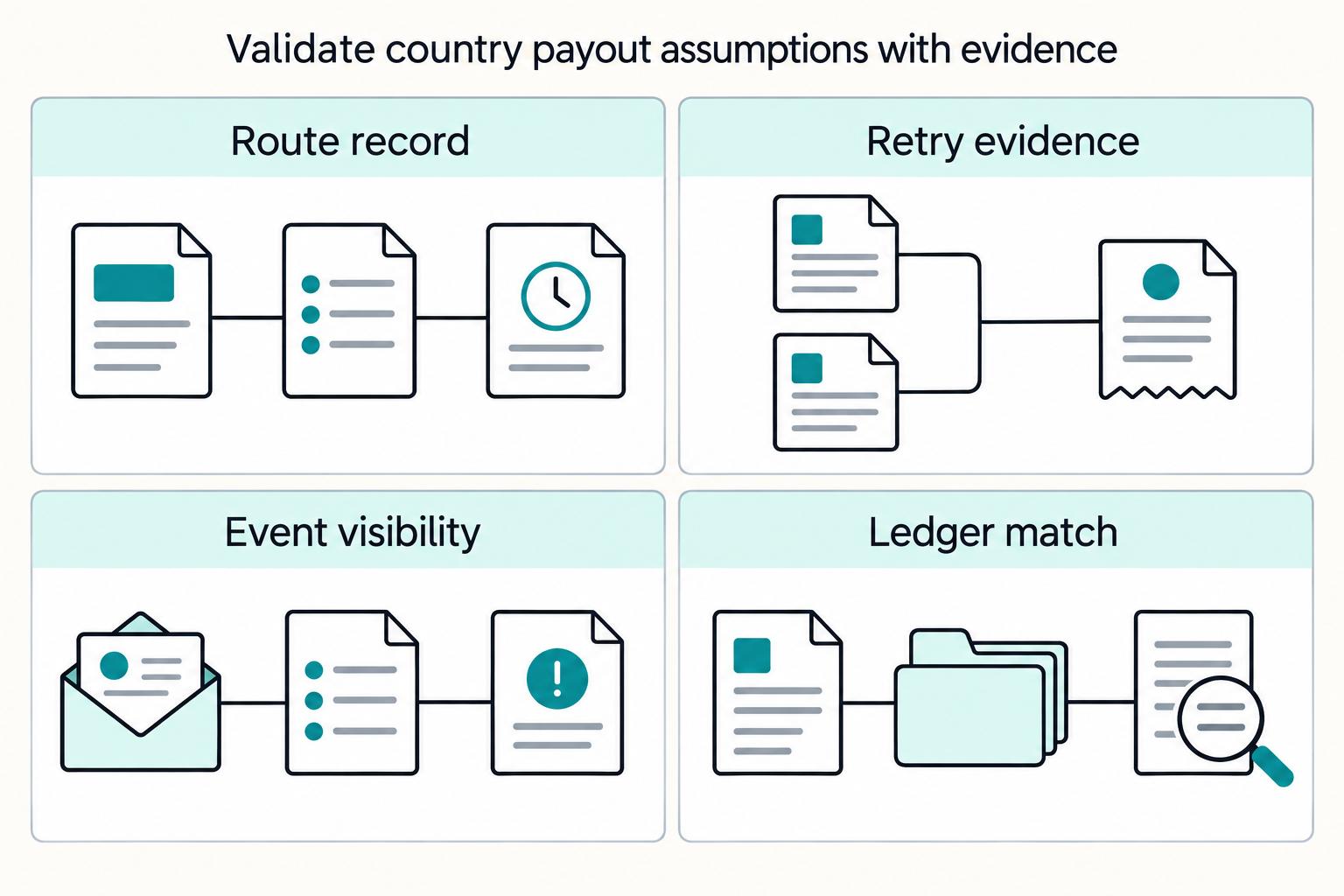 Validate country payout assumptions with evidence: Route record, Retry evidence, Event visibility, Ledger match.