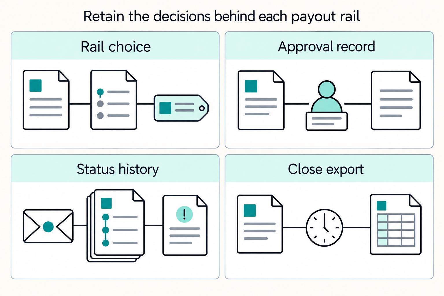 Retain the decisions behind each payout rail: Rail choice, Approval record, Status history, Close export.