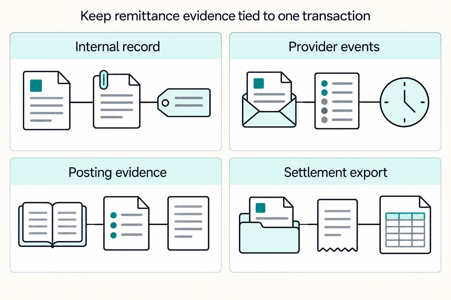 Keep remittance evidence tied to one transaction: Internal record, Provider events, Posting evidence, Settlement export.