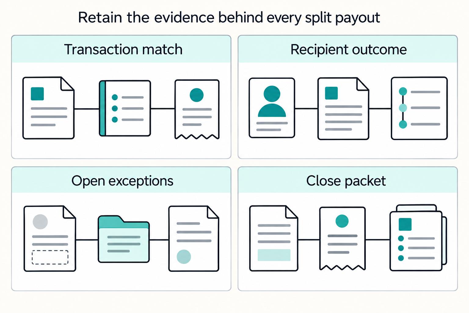 Retain the evidence behind every split payout: Transaction match, Recipient outcome, Open exceptions, Close packet.