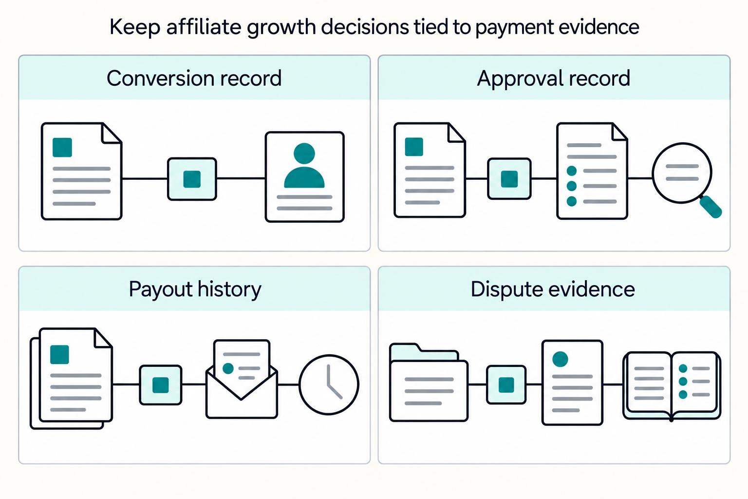 Keep affiliate growth decisions tied to payment evidence: Conversion record, Approval record, Payout history, Dispute evidence.