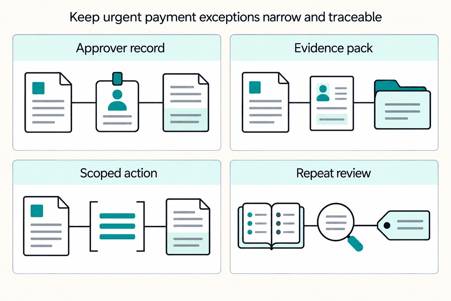 Keep urgent payment exceptions narrow and traceable: Approver record, Evidence pack, Scoped action, Repeat review.