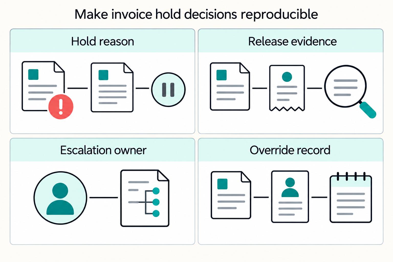 Make invoice hold decisions reproducible: Hold reason, Release evidence, Escalation owner, Override record.