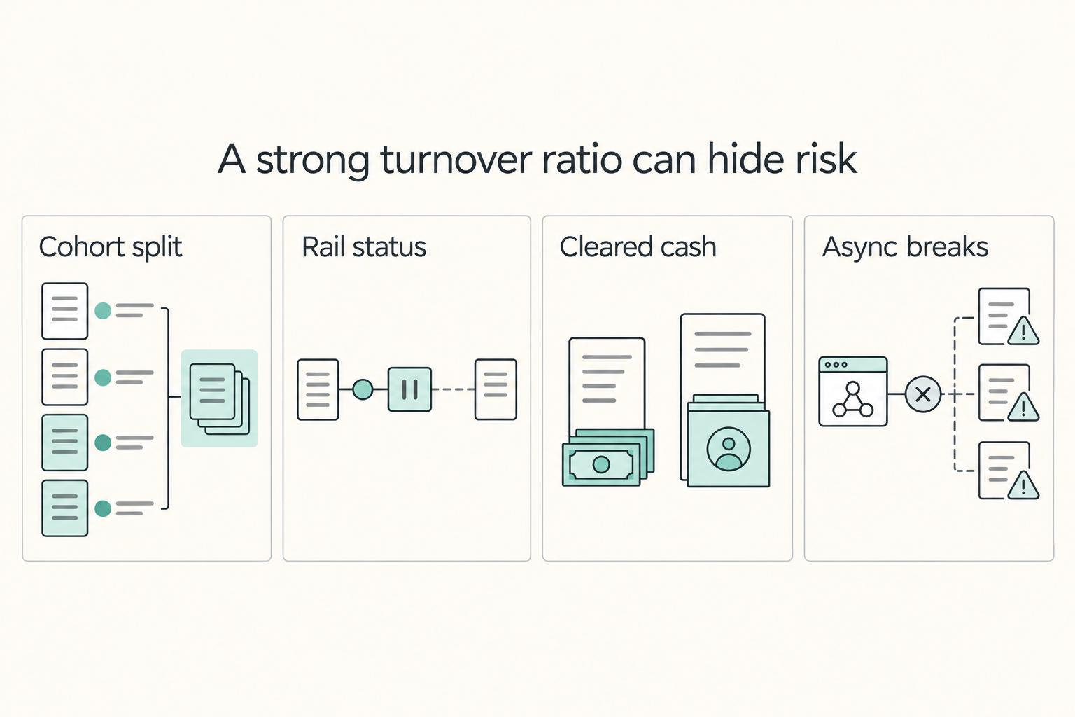 A strong turnover ratio can hide risk: Cohort split, Rail status, Cleared cash, and Async breaks.