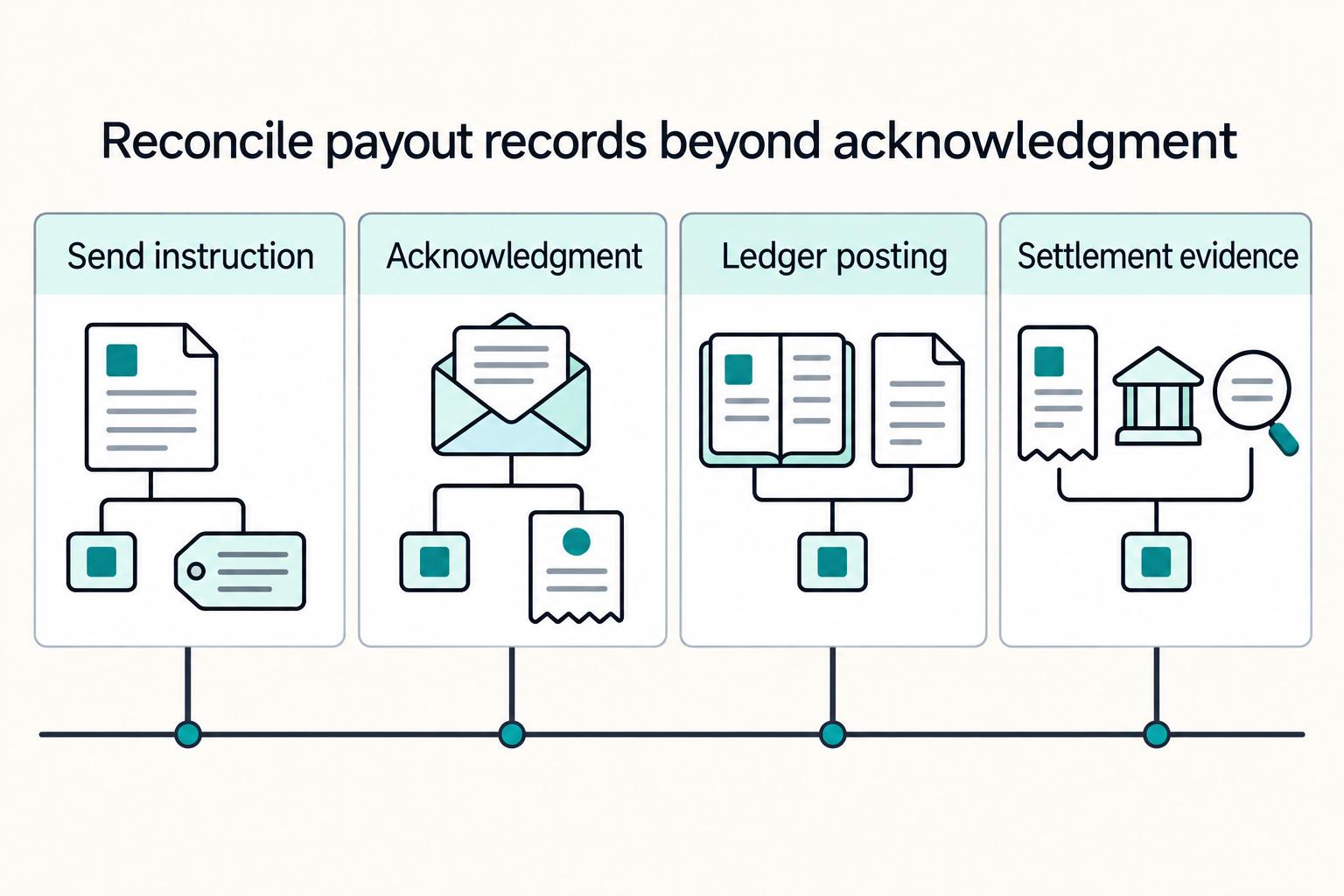 Reconcile payout records beyond acknowledgment: Send instruction, Acknowledgment, Ledger posting, Settlement evidence.