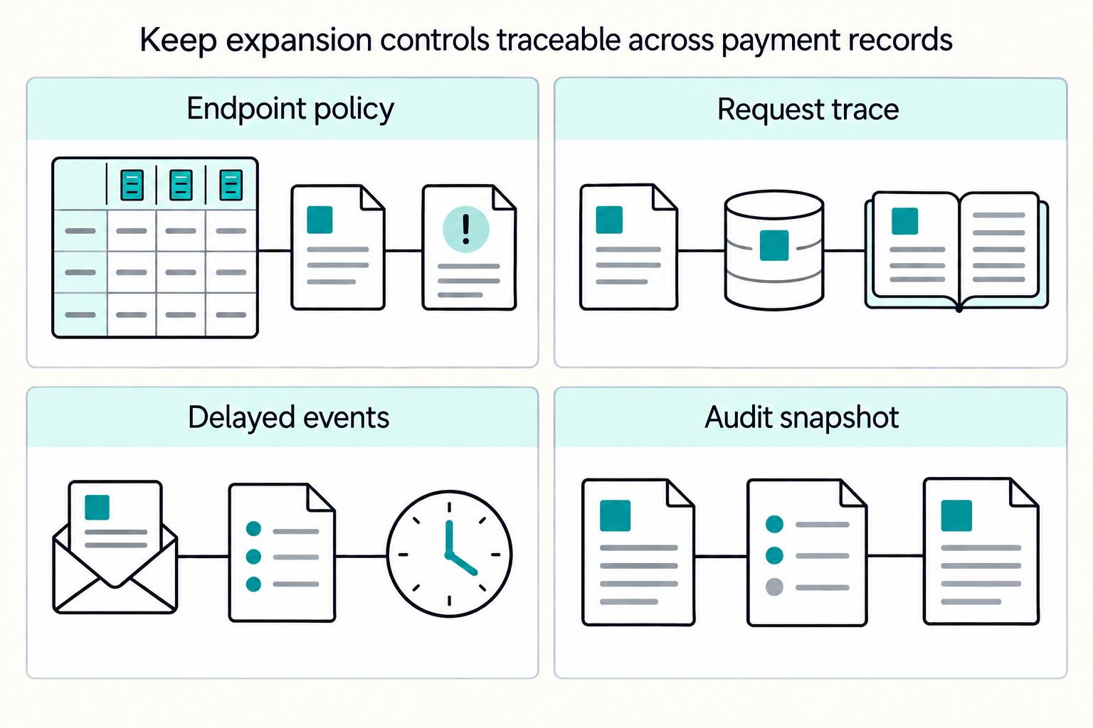Keep expansion controls traceable across payment records: Endpoint policy, Request trace, Delayed events, Audit snapshot.