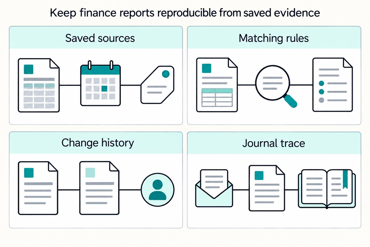 Keep finance reports reproducible from saved evidence: Saved sources, Matching rules, Change history, Journal trace.