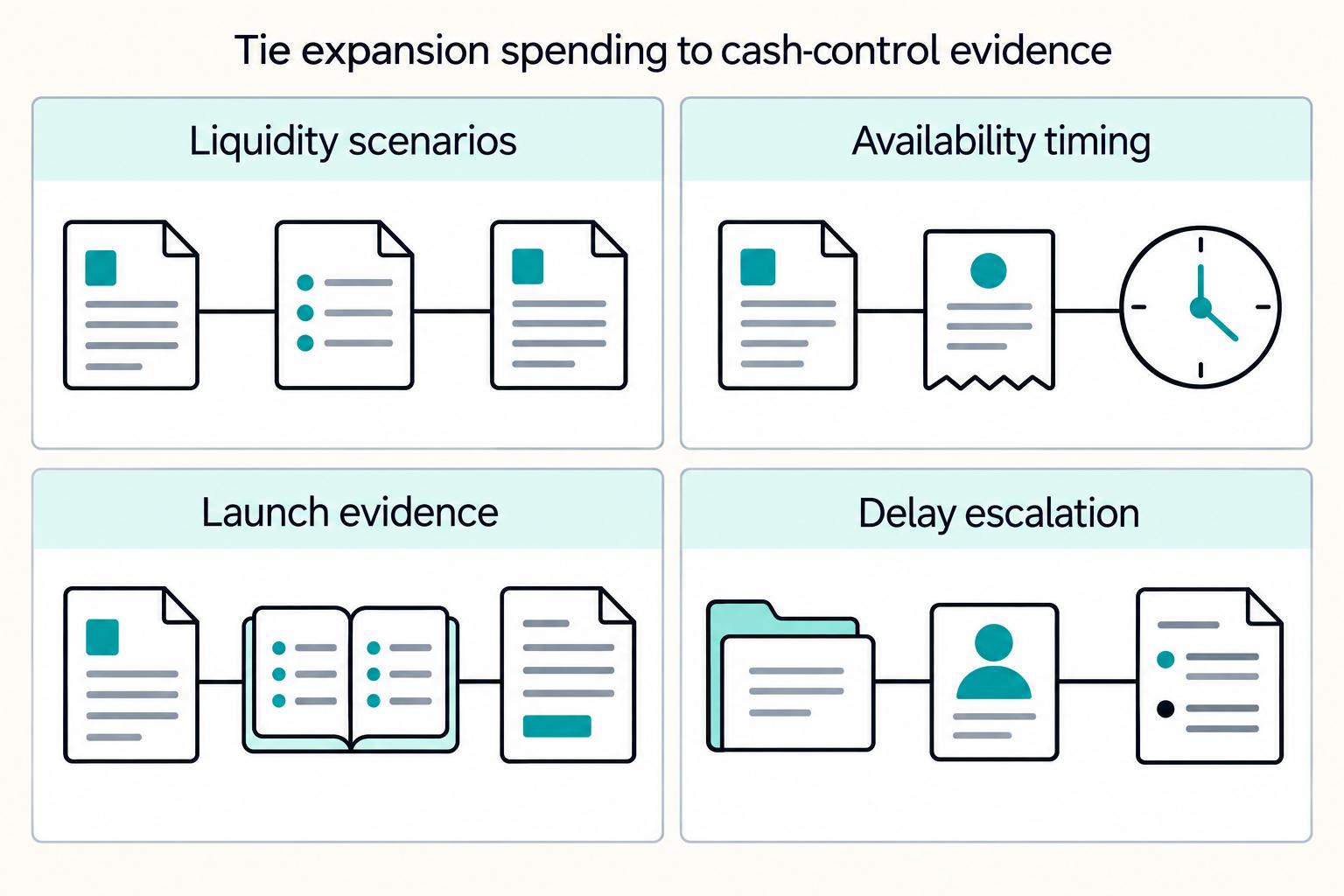 Tie expansion spending to cash-control evidence: Liquidity scenarios, Availability timing, Launch evidence, Delay escalation.