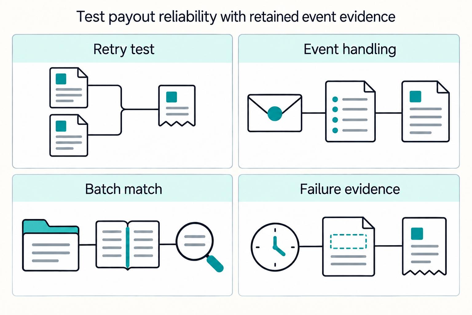 Test payout reliability with retained event evidence: Retry test, Event handling, Batch match, Failure evidence.