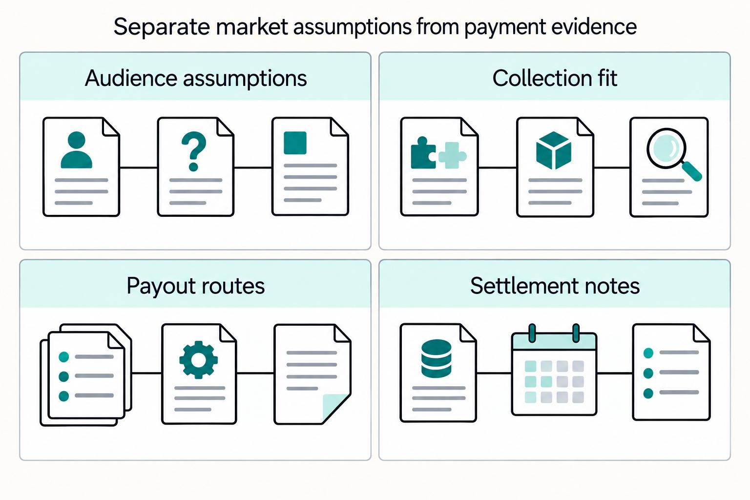 Separate market assumptions from payment evidence: Audience assumptions, Collection fit, Payout routes, Settlement notes.