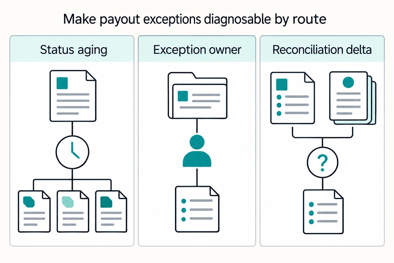 Make payout exceptions diagnosable by route: Status aging, Exception owner, Reconciliation delta.