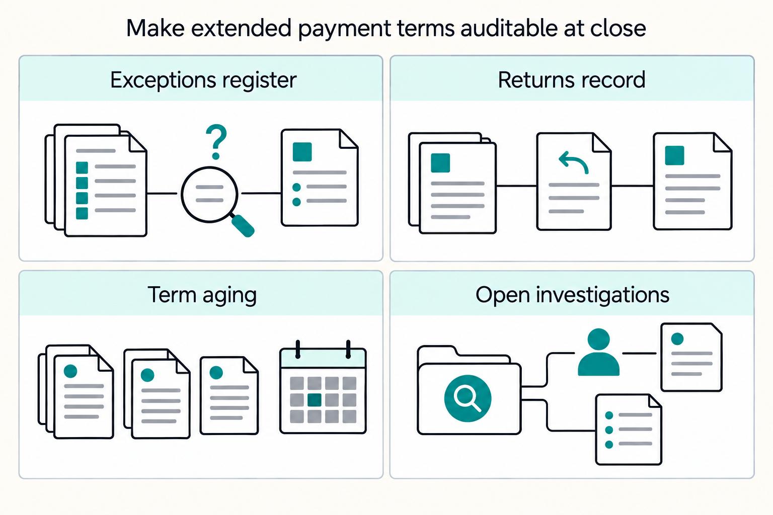 Make extended payment terms auditable at close: Exceptions register, Returns record, Term aging, Open investigations.