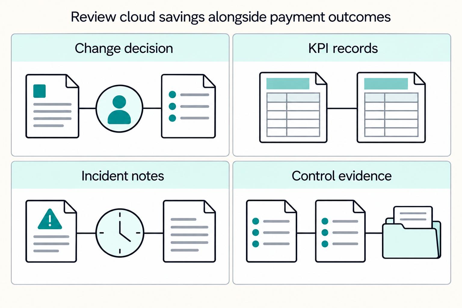 Review cloud savings alongside payment outcomes: Change decision, KPI records, Incident notes, Control evidence.
