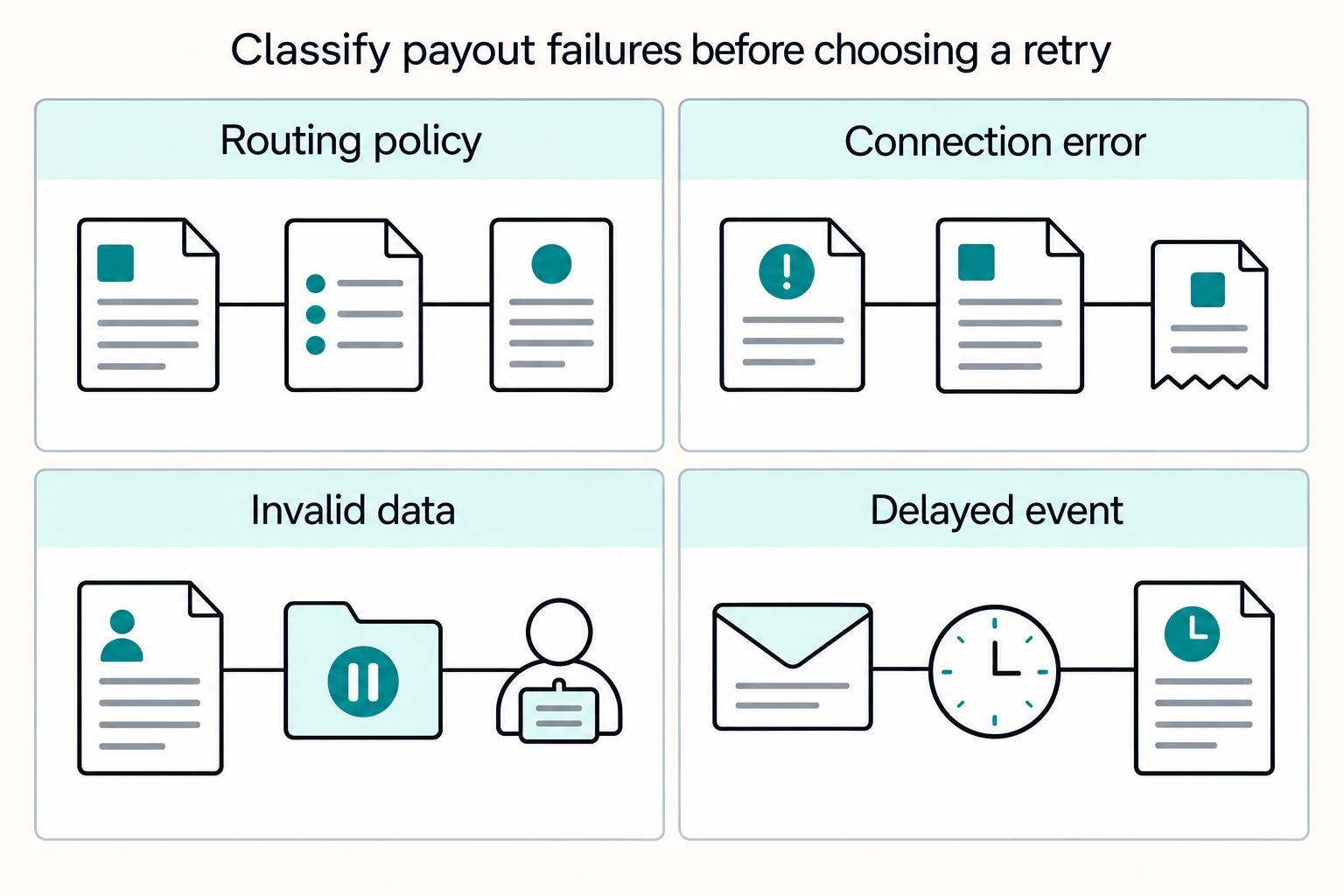 Classify payout failures before choosing a retry: Routing policy, Connection error, Invalid data, Delayed event.