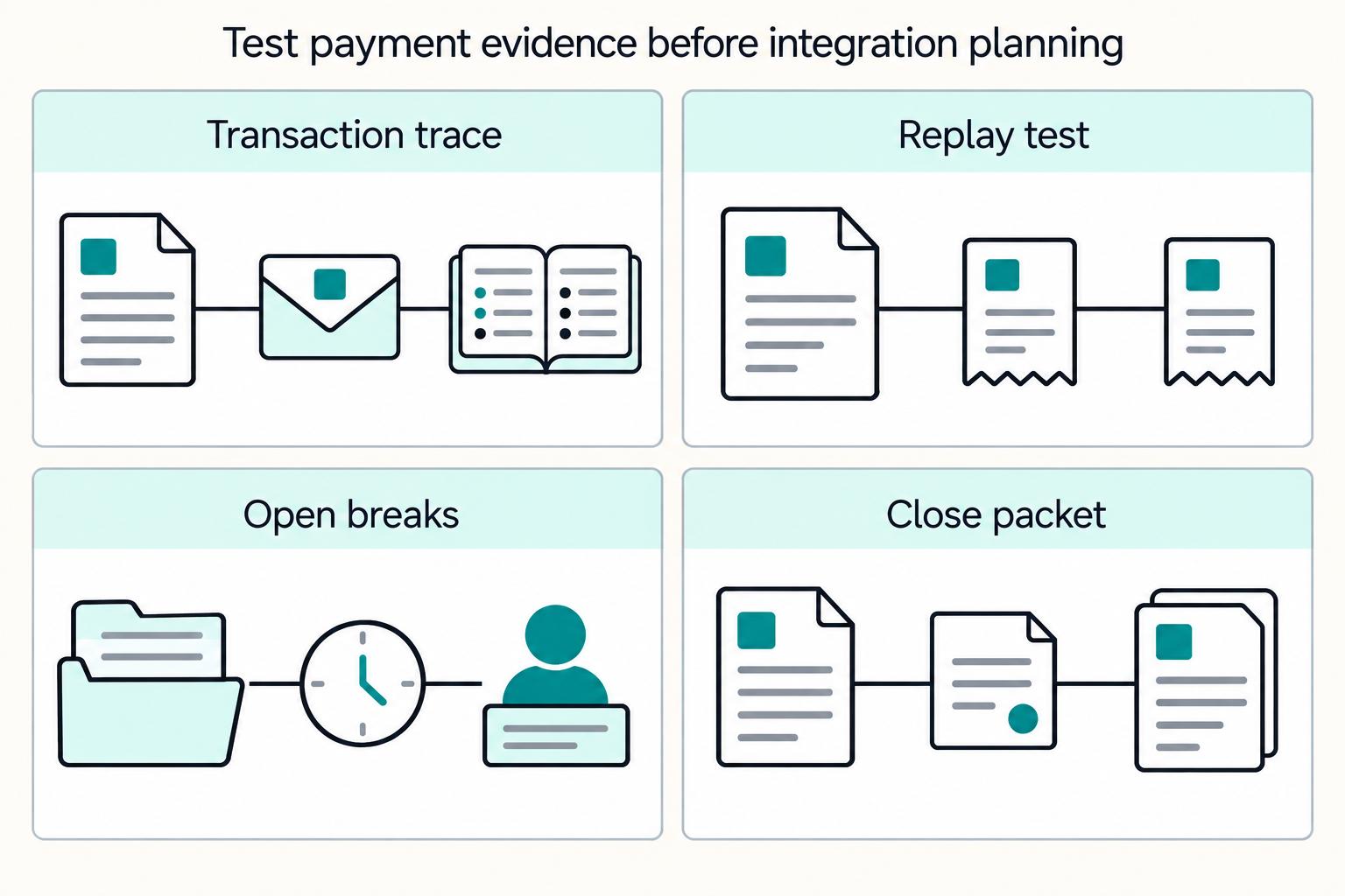 Test payment evidence before integration planning: Transaction trace, Replay test, Open breaks, Close packet.