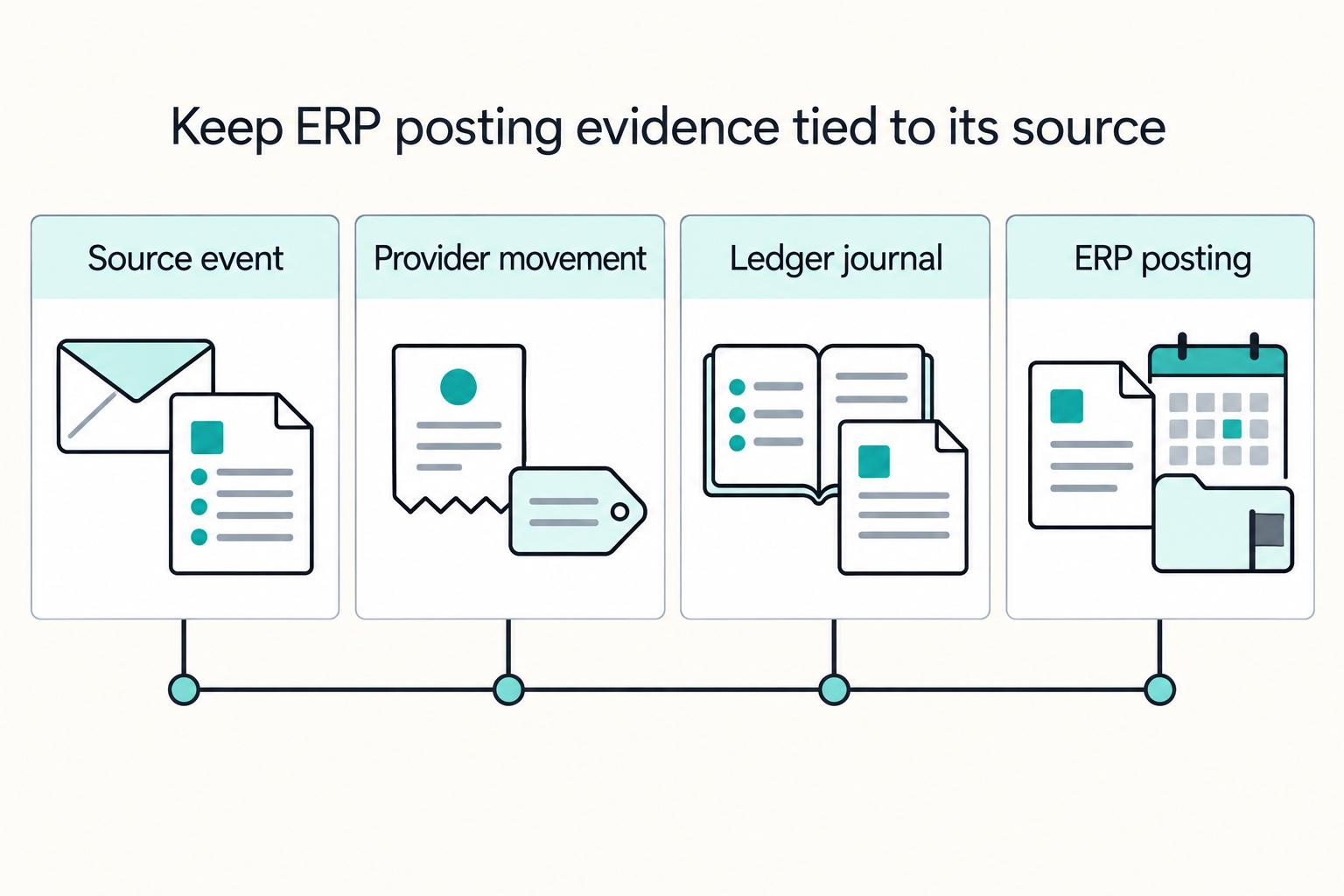 Keep ERP posting evidence tied to its source: Source event, Provider movement, Ledger journal, ERP posting.