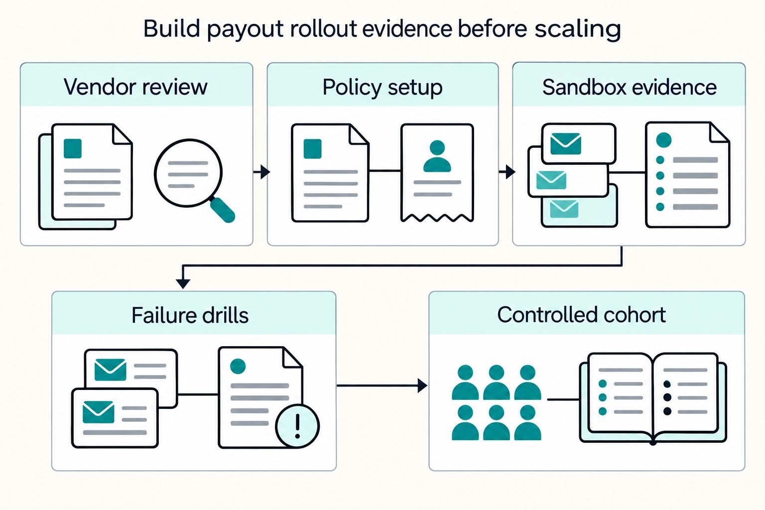 Build payout rollout evidence before scaling: Vendor review, Policy setup, Sandbox evidence, Failure drills, Controlled cohort.